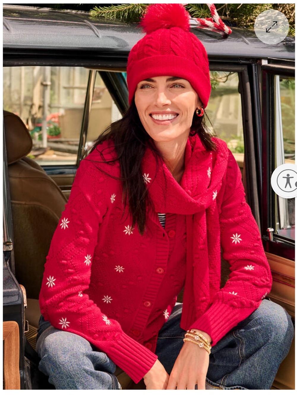 Talbots SP Red Bobble White Embroidered Snowflake Button Up Holiday Cardigan